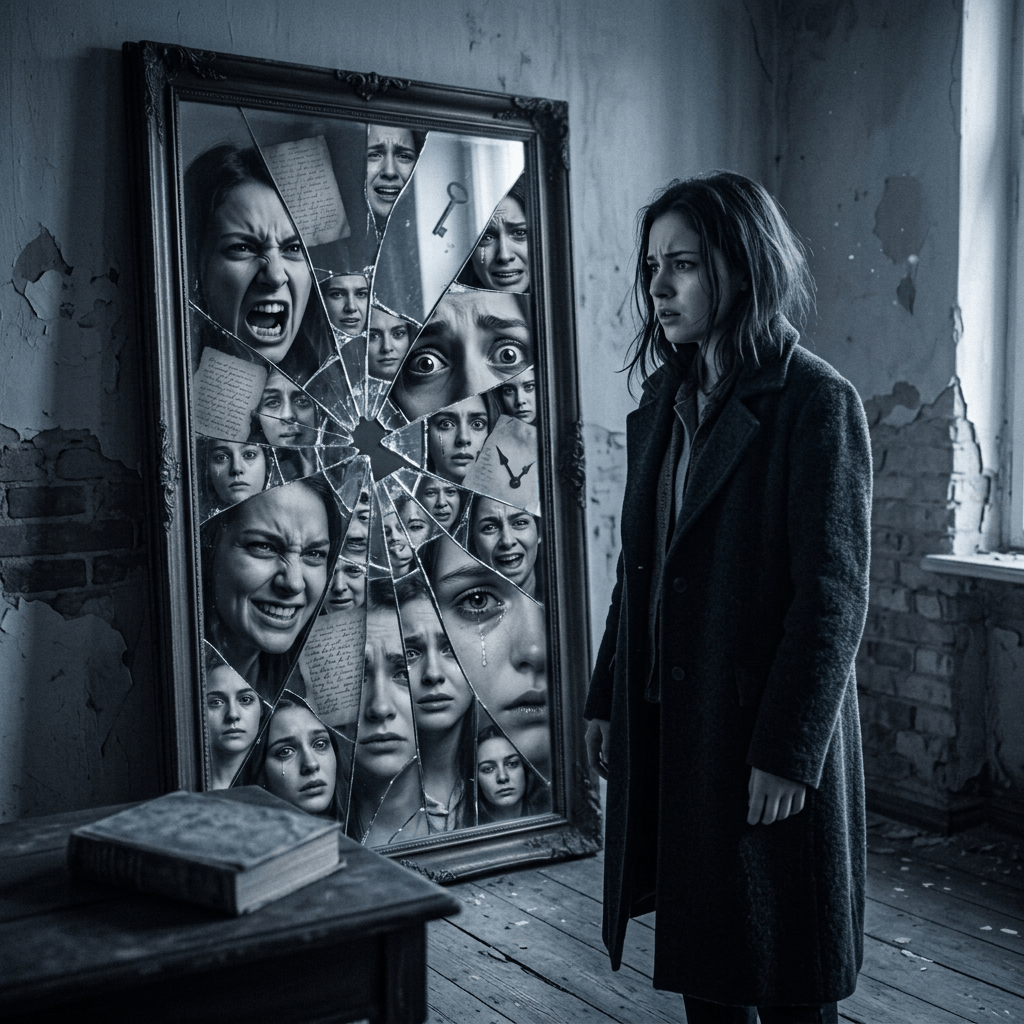 Cloaked figure facing a shattered mirror with three distressed reflected faces