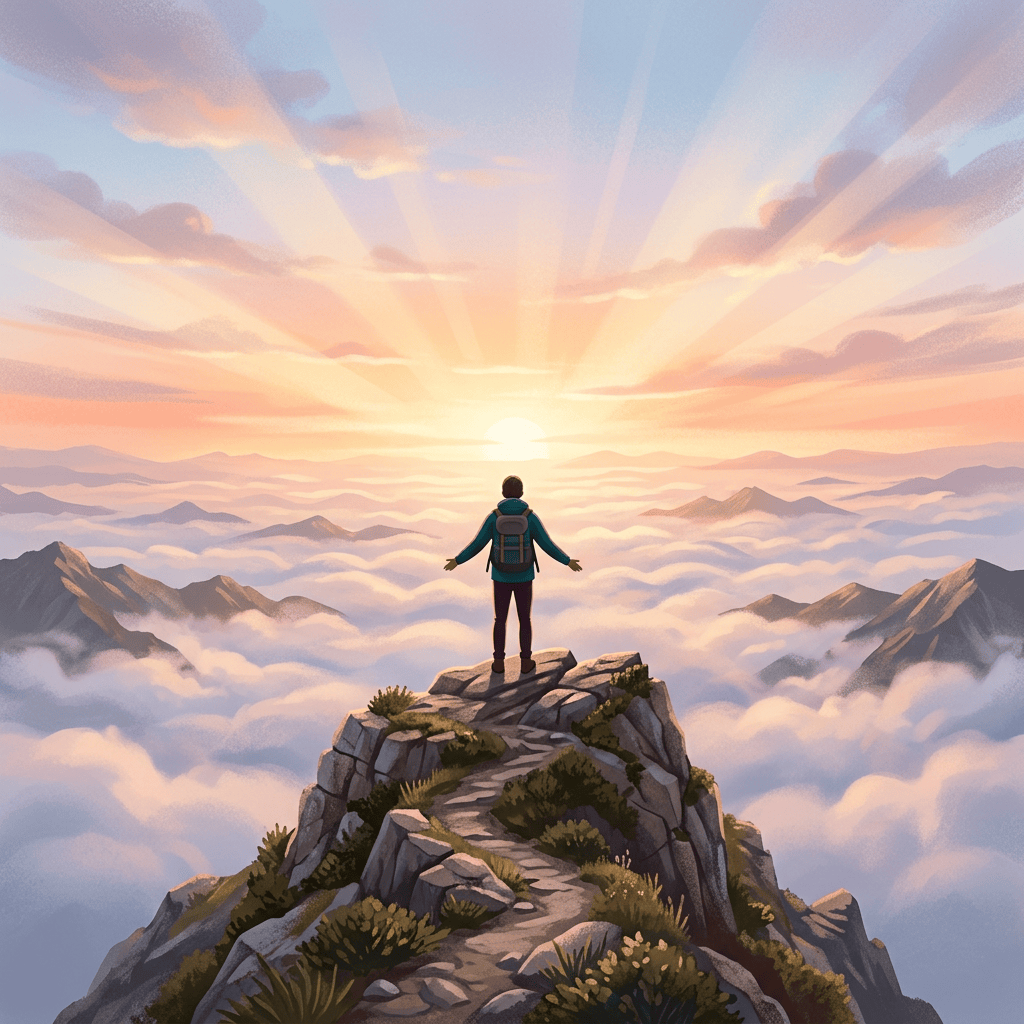 Hiker standing on a rocky summit above clouds at sunrise